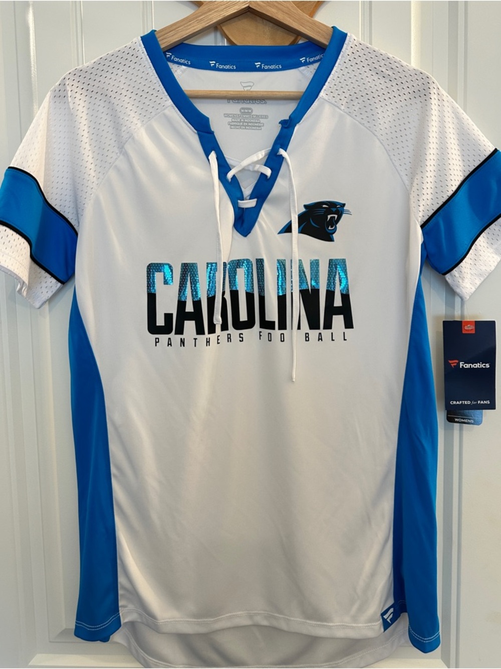 Carolina Panthers Womens Medium Lace Up Shirt Fanatics NWT Blue White